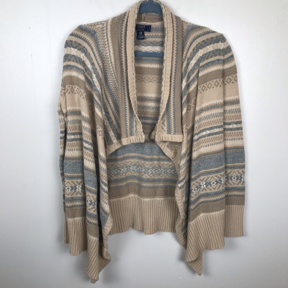Chaps Women Sz Medium Petite Boho Open Front Cotton Wool Blend Cardigan Sweater
